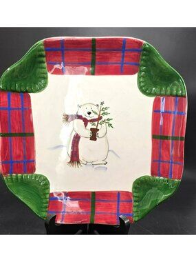 Pfaltzgraff Holiday Square Platter Polar Bear & Plaid Design Ceramic 9" vl5008